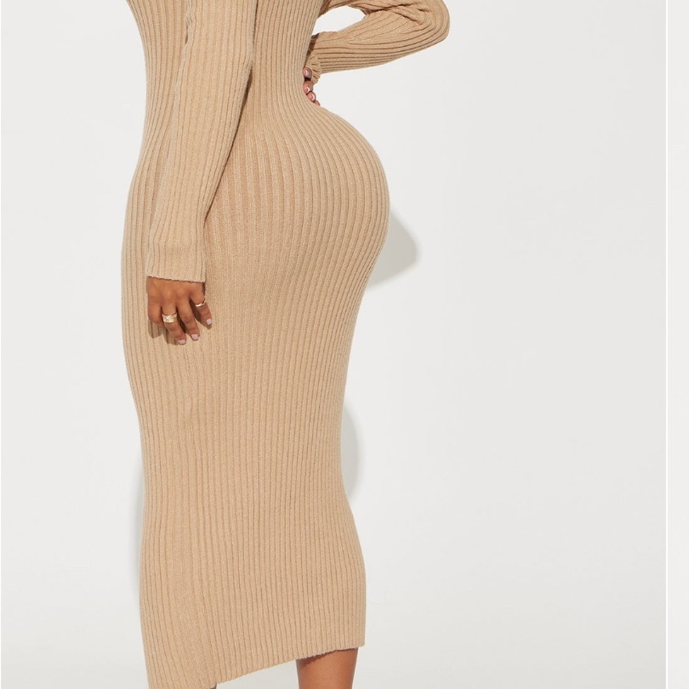 Elegant Tan Ribbed Knit Dress
